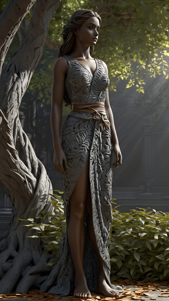 a (((statue))) in a (((subtle, shadowy environment))), representing a girl with a flowing straight hair and a belt made of intricate, interwoven ((tree leaves)), poised in a serene, contemplative pose, full body shot