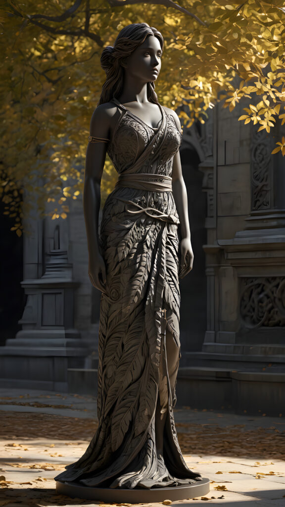 a (((statue))) in a (((subtle, shadowy environment))), representing a girl with a flowing straight hair and a belt made of intricate, interwoven ((tree leaves)), poised in a serene, contemplative pose, full body shot