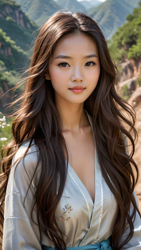 A stunningly (((super realistic, detailed portrait))), featuring a (((beautiful young Chinese girl with long, flowing hair))), caught in a (((serene moment of tenderness))), with her gaze softly directed towards the viewer, a slight (smile) that adds a touch of warmth, her ((curved body)) softly outlined by her (serene, chocolate brown hills) backdrop, exuding an air of (intricate, natural beauty) and (mental calmness), hyper detailed, 8k, both