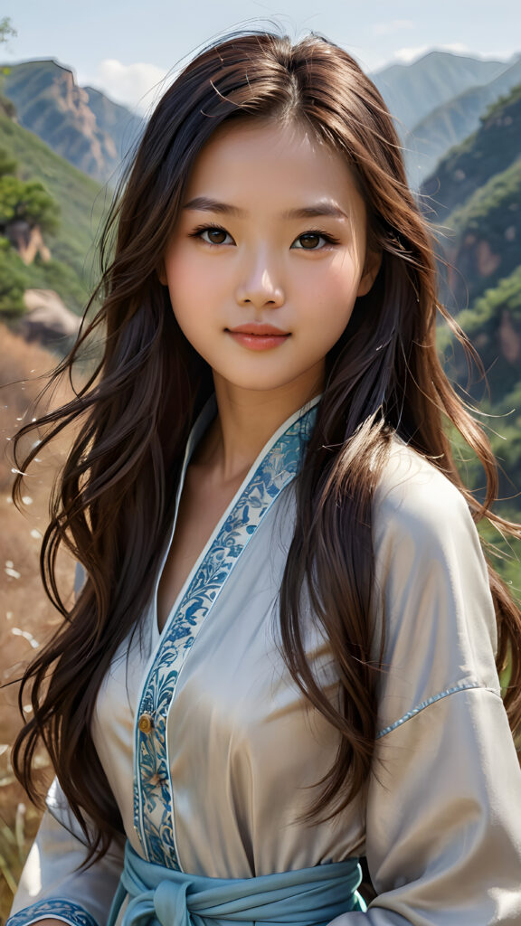 A stunningly (((super realistic, detailed portrait))), featuring a (((beautiful young Chinese girl with long, flowing hair))), caught in a (((serene moment of tenderness))), with her gaze softly directed towards the viewer, a slight (smile) that adds a touch of warmth, her ((curved body)) softly outlined by her (serene, chocolate brown hills) backdrop, exuding an air of (intricate, natural beauty) and (mental calmness), hyper detailed, 8k, both