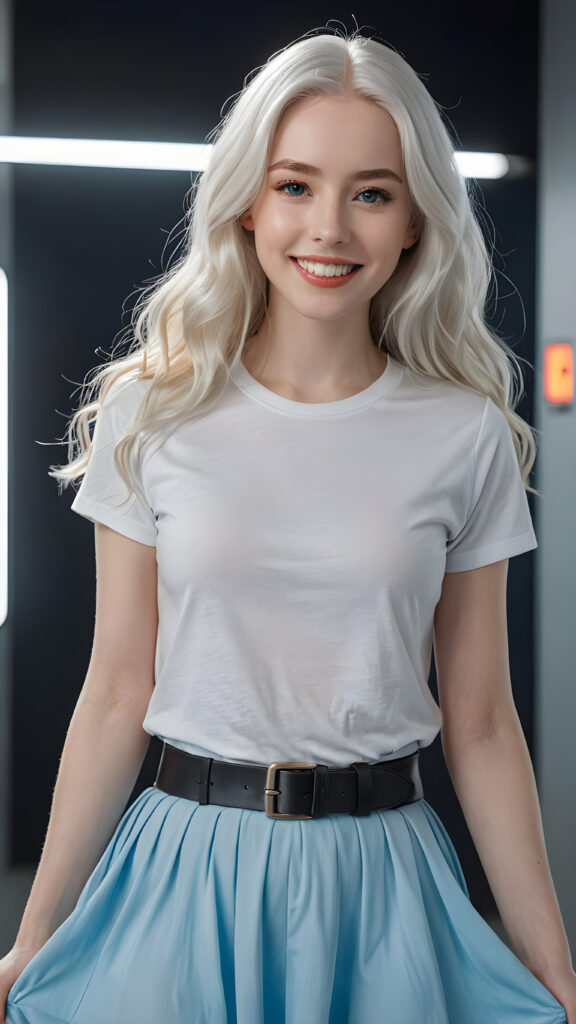 A (((super realistic and highly detailed full-body portrait))), featuring a (((beautiful young girl with pale skin and super long, flowing white hair))), looking sweetly into the camera, with (((vividly detailed, glowing white teeth))), wearing a (((white t-shirt and a blue skirt))), poised confidently, her head tilted back slightly, as if relaxed, against a backdrop of a (abstract dark, futuristic atmosphere), with a (modern, minimalist black leather belt) and a (abstract dark, futuristic atmosphere) that echo the artist's trademark aesthetic