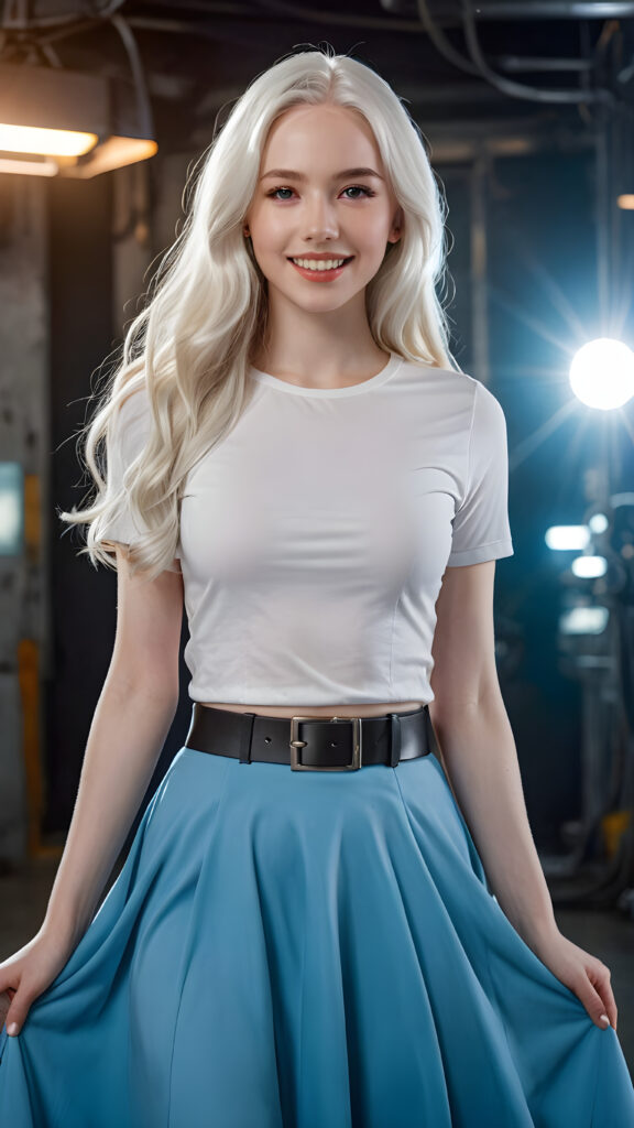 A (((super realistic and highly detailed full-body portrait))), featuring a (((beautiful young girl with pale skin and super long, flowing white hair))), looking sweetly into the camera, with (((vividly detailed, glowing white teeth))), wearing a (((white t-shirt and a blue skirt))), poised confidently, her head tilted back slightly, as if relaxed, against a backdrop of a (abstract dark, futuristic atmosphere), with a (modern, minimalist black leather belt) and a (abstract dark, futuristic atmosphere) that echo the artist's trademark aesthetic