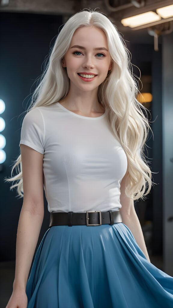 A (((super realistic and highly detailed full-body portrait))), featuring a (((beautiful young girl with pale skin and super long, flowing white hair))), looking sweetly into the camera, with (((vividly detailed, glowing white teeth))), wearing a (((white t-shirt and a blue skirt))), poised confidently, her head tilted back slightly, as if relaxed, against a backdrop of a (abstract dark, futuristic atmosphere), with a (modern, minimalist black leather belt) and a (abstract dark, futuristic atmosphere) that echo the artist's trademark aesthetic