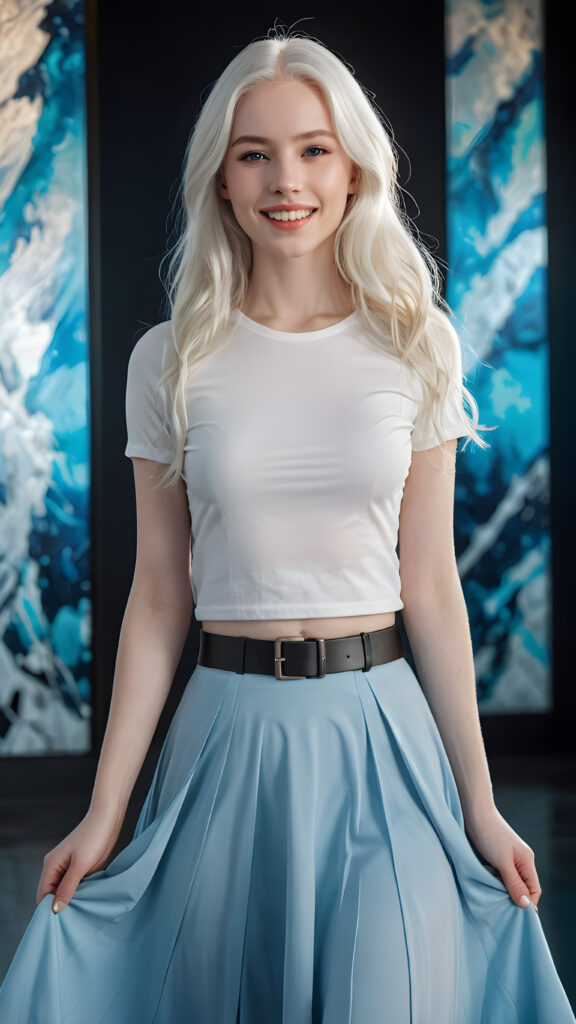 A (((super realistic and highly detailed full-body portrait))), featuring a (((beautiful young girl with pale skin and super long, flowing white hair))), looking sweetly into the camera, with (((vividly detailed, glowing white teeth))), wearing a (((white t-shirt and a blue skirt))), poised confidently, her head tilted back slightly, as if relaxed, against a backdrop of a (abstract dark, futuristic atmosphere), with a (modern, minimalist black leather belt) and a (abstract dark, futuristic atmosphere) that echo the artist's trademark aesthetic