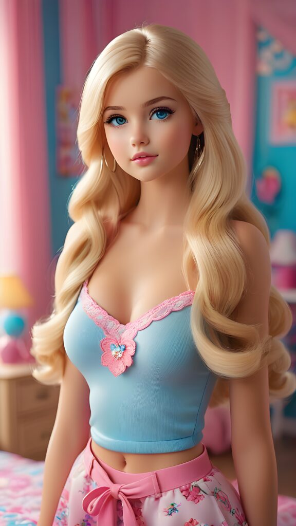 a sweet, young teen girl looks seductively at the viewer. She is lightly dressed, has blonde hair and blue eyes, ((gorgeous)) ((stunning)) ((perfect, detailed photo)) ((perfect curved body)), she is standing in her room, decorated in Barbie style