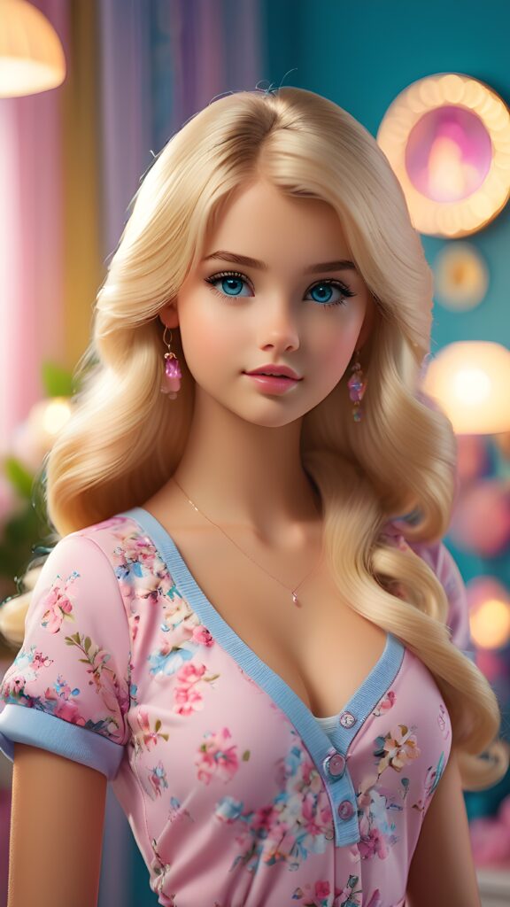 a sweet, young teen girl looks seductively at the viewer. She is lightly dressed, has blonde hair and blue eyes, ((gorgeous)) ((stunning)) ((perfect, detailed photo)) ((perfect curved body)), she is standing in her room, decorated in Barbie style