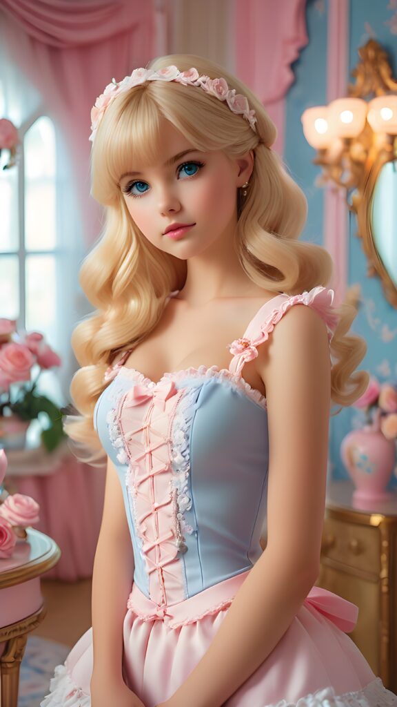 a sweet, young girl in Lolita style looks seductively at the viewer. She is lightly dressed, has blonde hair and blue eyes, ((gorgeous)) ((stunning)) ((perfect, detailed photo)) ((perfect curved body)), she is standing in her room, decorated in Barbie style