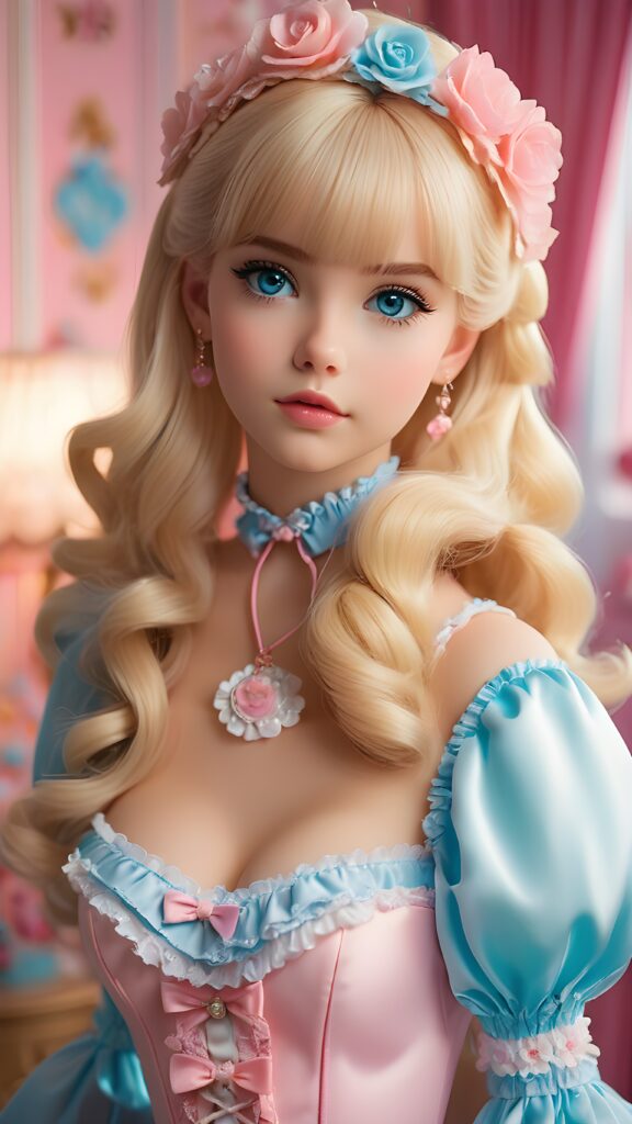 a sweet, young girl in Lolita style looks seductively at the viewer. She is lightly dressed, has blonde hair and blue eyes, ((gorgeous)) ((stunning)) ((perfect, detailed photo)) ((perfect curved body)), she is standing in her room, decorated in Barbie style