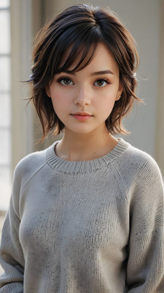 A (((very cute girl))) who exudes an air of youthful beauty, with short, black bangs that are cut to frame her face perfectly and soft, realistic detailed (amber) eyes that add a touch of realism to her look. She's wearing a (short, grey wool sweater) that emphasizes her cuteness even further, complemented by the subtle glow of (soft, natural light) that accentuates her features. Her hair is on pointe for a casual, everyday look, giving off a soft, ethereal vibe. She poses with her head tilted back and eyes looking up at the camera, capturing an air of tranquility and elegance. Full body shot. Realistic detailed skin.