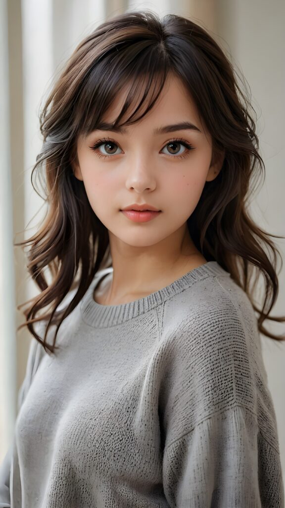 A (((very cute girl))) who exudes an air of youthful beauty, with short, black bangs that are cut to frame her face perfectly and soft, realistic detailed (amber) eyes that add a touch of realism to her look. She's wearing a (short, grey wool sweater) that emphasizes her cuteness even further, complemented by the subtle glow of (soft, natural light) that accentuates her features. Her hair is on pointe for a casual, everyday look, giving off a soft, ethereal vibe. She poses with her head tilted back and eyes looking up at the camera, capturing an air of tranquility and elegance. Full body shot. Realistic detailed skin.