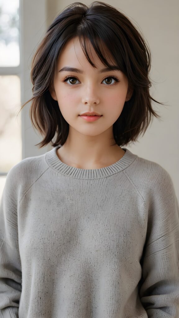 A (((very cute girl))) who exudes an air of youthful beauty, with short, black bangs that are cut to frame her face perfectly and soft, realistic detailed (amber) eyes that add a touch of realism to her look. She's wearing a (short, grey wool sweater) that emphasizes her cuteness even further, complemented by the subtle glow of (soft, natural light) that accentuates her features. Her hair is on pointe for a casual, everyday look, giving off a soft, ethereal vibe. She poses with her head tilted back and eyes looking up at the camera, capturing an air of tranquility and elegance. Full body shot. Realistic detailed skin.