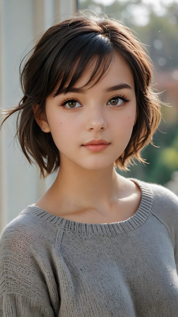 A (((very cute girl))) who exudes an air of youthful beauty, with short, black bangs that are cut to frame her face perfectly and soft, realistic detailed (amber) eyes that add a touch of realism to her look. She's wearing a (short, grey wool sweater) that emphasizes her cuteness even further, complemented by the subtle glow of (soft, natural light) that accentuates her features. Her hair is on pointe for a casual, everyday look, giving off a soft, ethereal vibe. She poses with her head tilted back and eyes looking up at the camera, capturing an air of tranquility and elegance. Full body shot. Realistic detailed skin.