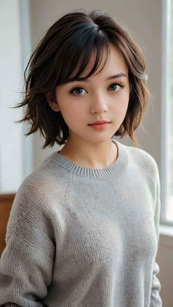 A (((very cute girl))) who exudes an air of youthful beauty, with short, black bangs that are cut to frame her face perfectly and soft, realistic detailed (amber) eyes that add a touch of realism to her look. She's wearing a (short, grey wool sweater) that emphasizes her cuteness even further, complemented by the subtle glow of (soft, natural light) that accentuates her features. Her hair is on pointe for a casual, everyday look, giving off a soft, ethereal vibe. She poses with her head tilted back and eyes looking up at the camera, capturing an air of tranquility and elegance. Full body shot. Realistic detailed skin.