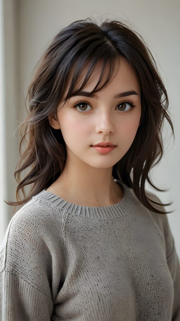 A (((very cute girl))) who exudes an air of youthful beauty, with short, black bangs that are cut to frame her face perfectly and soft, realistic detailed (amber) eyes that add a touch of realism to her look. She's wearing a (short, grey wool sweater) that emphasizes her cuteness even further, complemented by the subtle glow of (soft, natural light) that accentuates her features. Her hair is on pointe for a casual, everyday look, giving off a soft, ethereal vibe. She poses with her head tilted back and eyes looking up at the camera, capturing an air of tranquility and elegance. Full body shot. Realistic detailed skin.