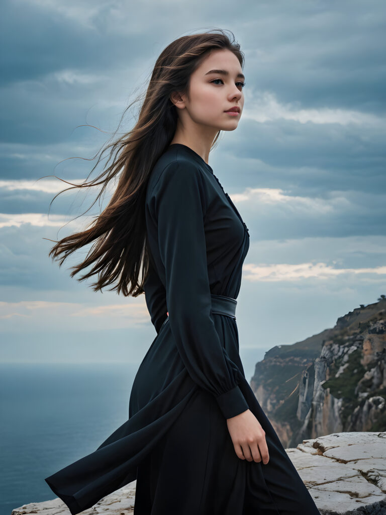 a (((young, beautiful teen girl))), dressed in sleek, ((black clothes)), standing confidently on a (ominous, dark cliff), with her luxurious, (full hair) flowing gently in the wind around her, reflecting the (serene, distant landscape) below. Her features are (exquisite), as if captured by a master artist, and her figure is (flawless). Distant birds dot the (clear, blue sky) above, adding a touch of serendipity to this (powerful moment).