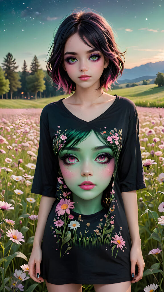 a (((young emo girl))), with long, flowing (((t-shirt))), standing in a (((field of flowers))), featuring a (((beautifully drawn face))) with (((pink makeup))), (((standing tall and emitting an ethereal glow))), capturing an air of mystery and splendor under the (((night sky))). Her figure is further accentuated by a (((deep v-neck))) that adds intricate details and a (((stand neck))), emphasizing her (((natural beauty))) in a (((green meadow))), 8K, Full HD, 3D, ultra detailed, majestic, epic, total quality