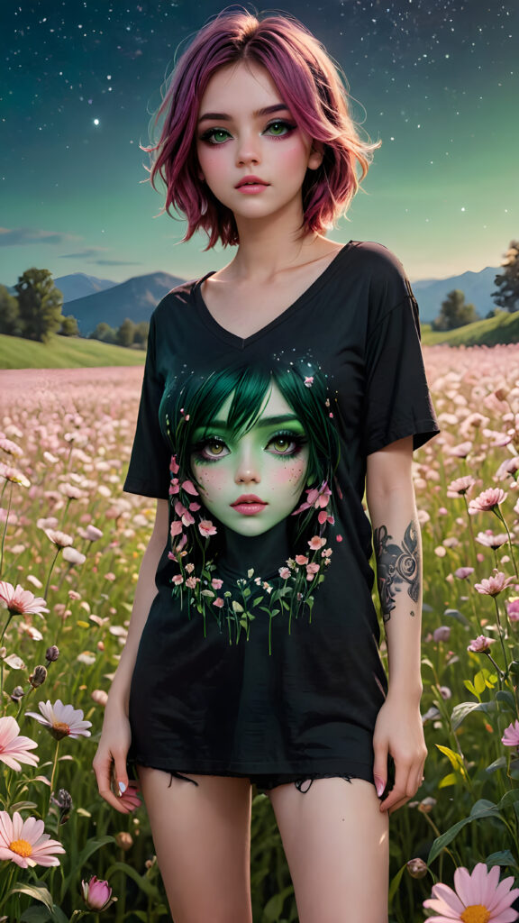 a (((young emo girl))), with long, flowing (((t-shirt))), standing in a (((field of flowers))), featuring a (((beautifully drawn face))) with (((pink makeup))), (((standing tall and emitting an ethereal glow))), capturing an air of mystery and splendor under the (((night sky))). Her figure is further accentuated by a (((deep v-neck))) that adds intricate details and a (((stand neck))), emphasizing her (((natural beauty))) in a (((green meadow))), 8K, Full HD, 3D, ultra detailed, majestic, epic, total quality