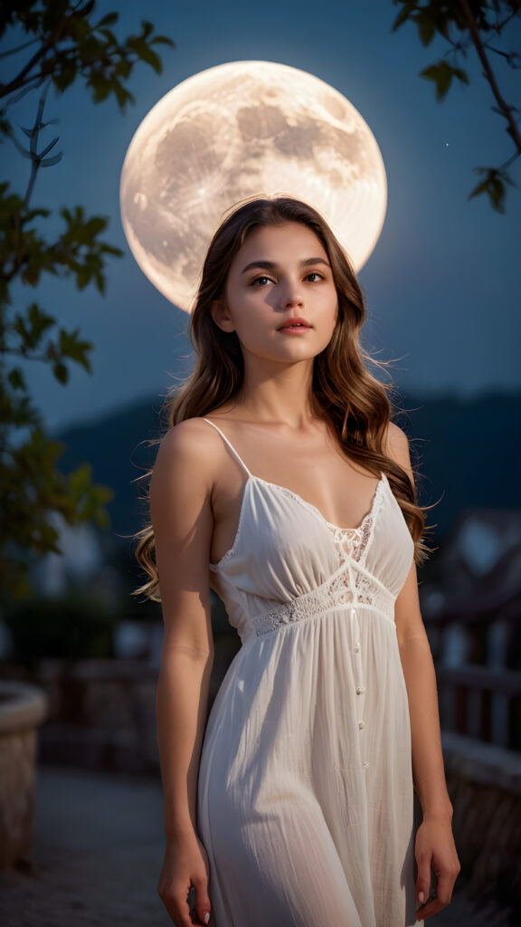 a (((young girl))) with an unparalleled, (((stunning figure))), gazing serenely under a (((softly glowing moon))), set against a (((dimly lit backdrop))), exuding an ethereal beauty that defies description, wears a white nightdress