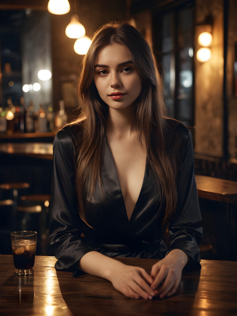 a young, pretty girl sits alone in a bar. Elegantly dressed in black thin night suit. She has a drink in front of her and looks seductive. She has long hair. A peaceful atmosphere. Light falls into the picture.