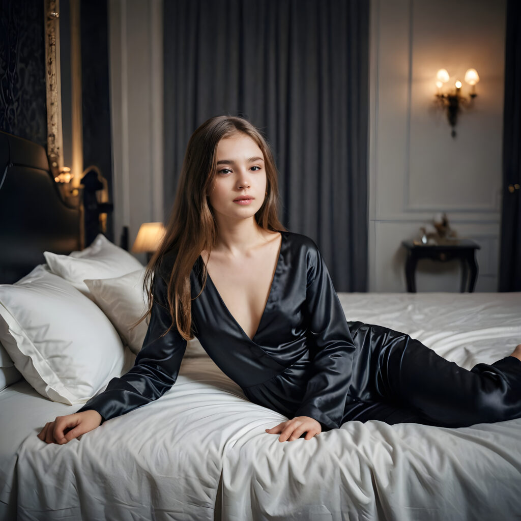 a young, pretty girl waits alone on an big bed in a luxurious apartment. Elegantly dressed in black thin night suit made of silk. She has long hair. A peaceful atmosphere. Light falls into the picture.