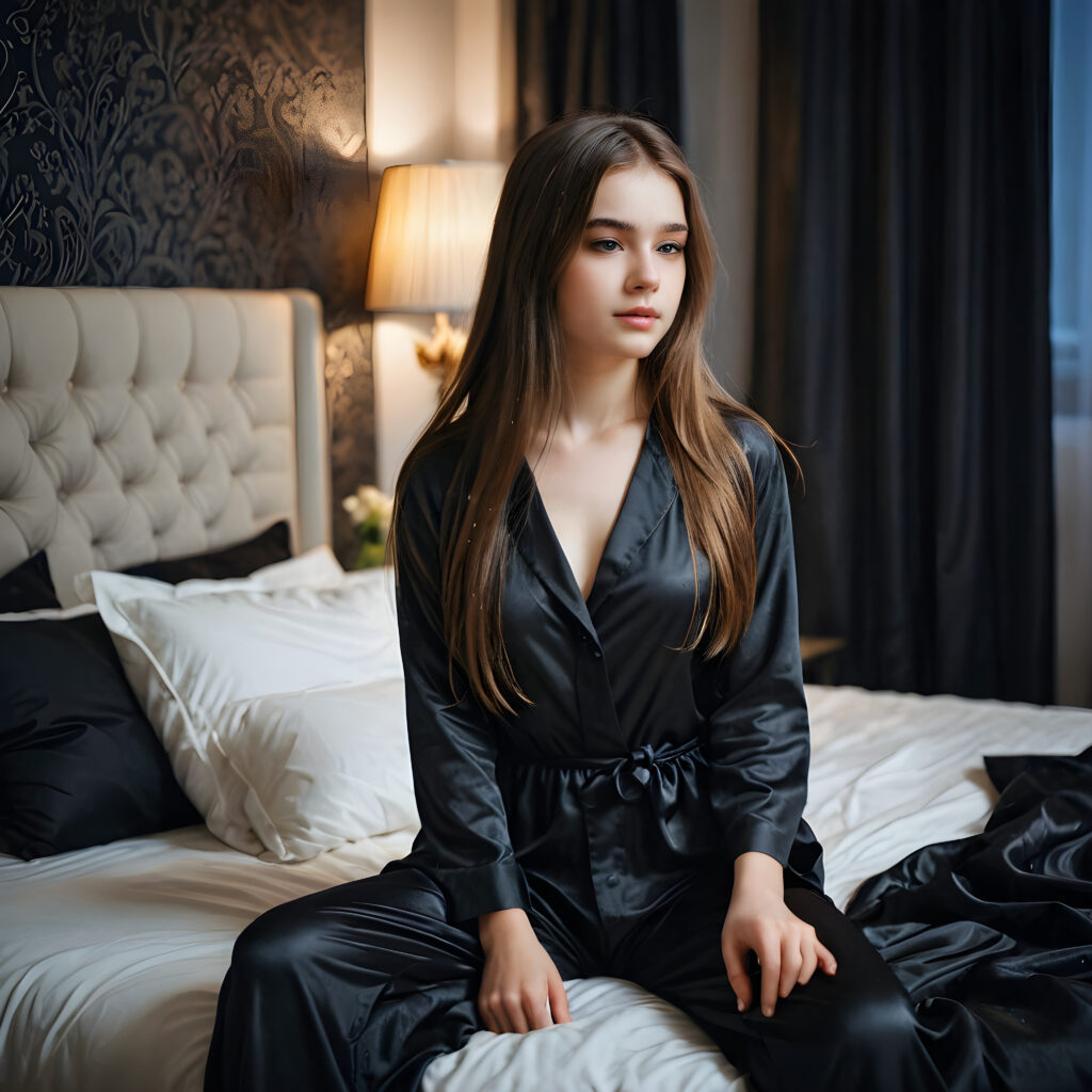 a young, pretty girl waits alone on an big bed in a luxurious apartment. Elegantly dressed in black thin night suit made of silk. She has long hair. A peaceful atmosphere. Light falls into the picture.