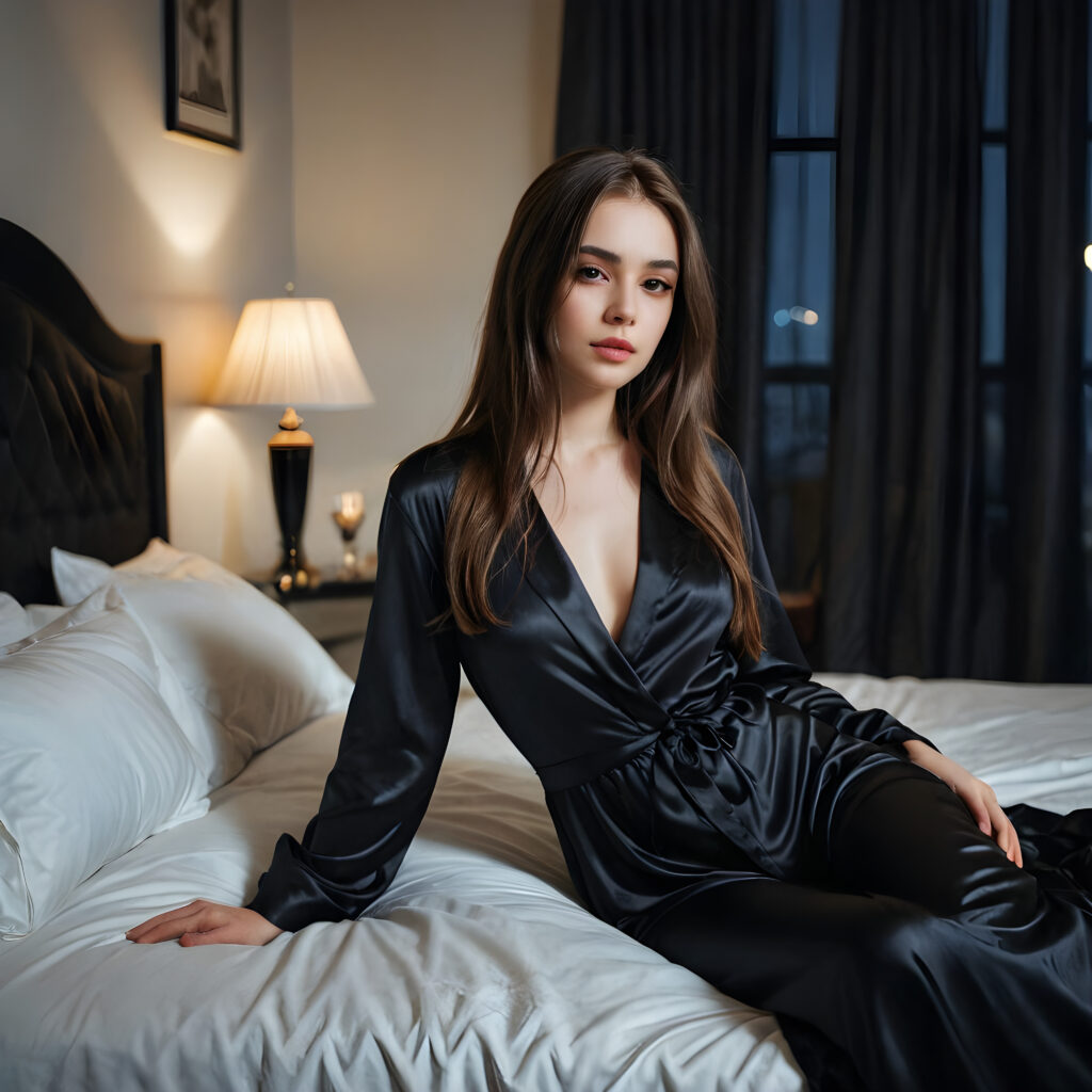 a young, pretty girl waits alone on an big bed in a luxurious apartment. Elegantly dressed in black thin night suit made of silk. She has long hair. A peaceful atmosphere. Light falls into the picture.