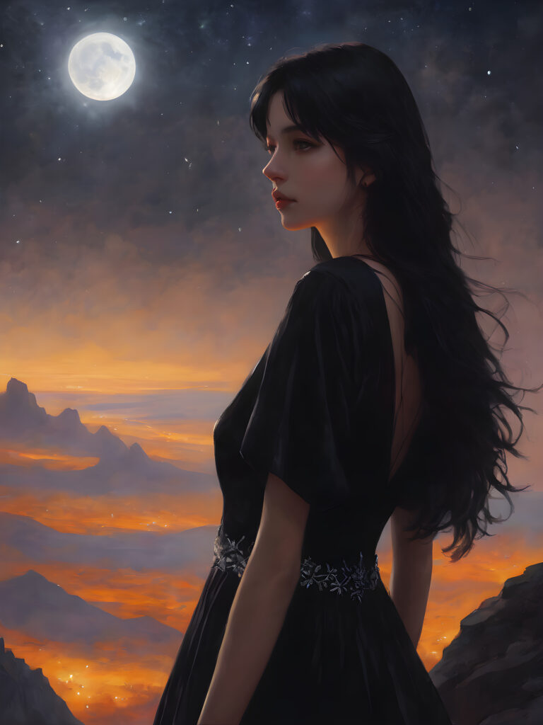 A (((young teen girl with long, flowing black hair))), dressed in a (((black dress with shimmering silver accents))), standing still as she takes in a (((night sky alive with twinkling stars))), her expression a mix of tranquility and introspection, as if lost in reverie, perched atop a (massive, jagged rock formation) under a (vast, glowing crescent moon).