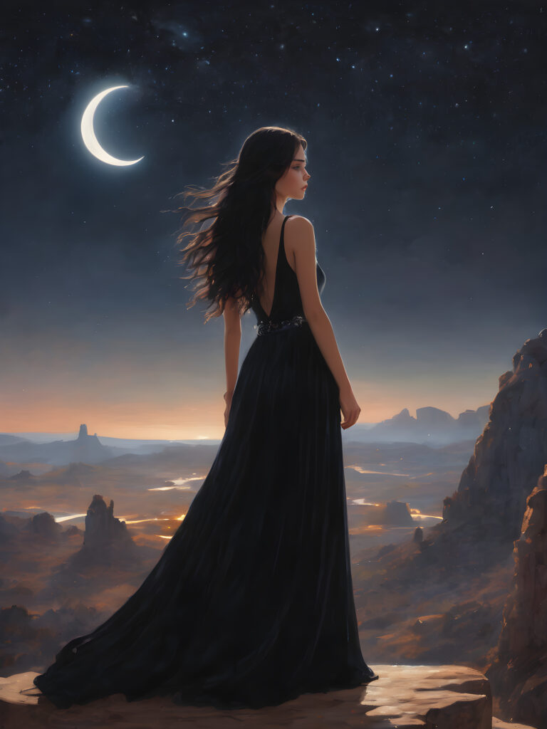 A (((young teen girl with long, flowing black hair))), dressed in a (((black dress with shimmering silver accents))), standing still as she takes in a (((night sky alive with twinkling stars))), her expression a mix of tranquility and introspection, as if lost in reverie, perched atop a (massive, jagged rock formation) under a (vast, glowing crescent moon).