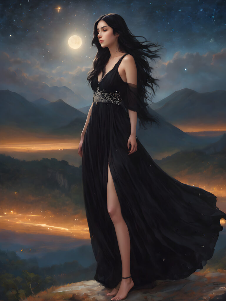 A (((young teen girl with long, flowing black hair))), dressed in a (((black dress with shimmering silver accents))), standing still as she takes in a (((night sky alive with twinkling stars))), her expression a mix of tranquility and introspection, as if lost in reverie, perched atop a (massive, jagged rock formation) under a (vast, glowing crescent moon).