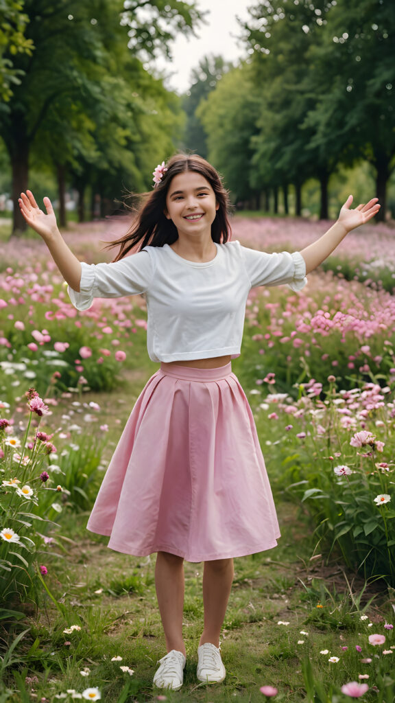 a young teen girl stands on the flower meadow in the park. Her arms are outstretched. She has dark hair and is smiling. She wears a round pink skirt.