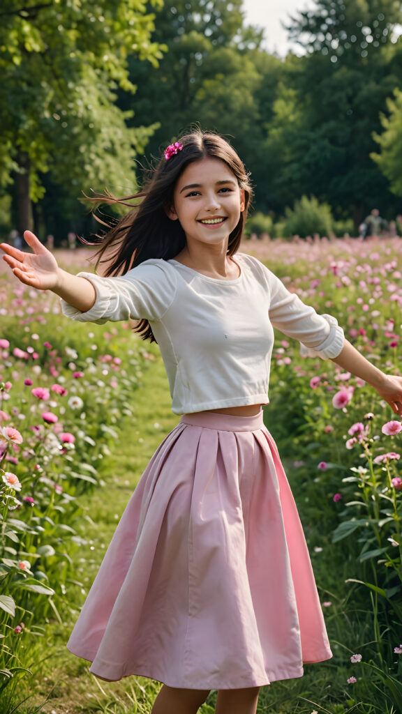 a young teen girl stands on the flower meadow in the park. Her arms are outstretched. She has dark hair and is smiling. She wears a round pink skirt.