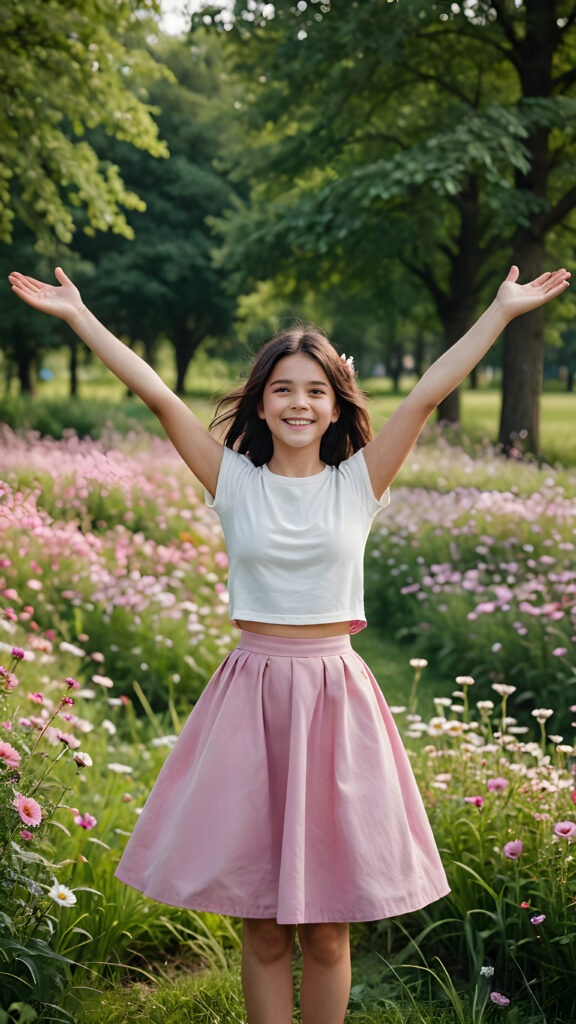 a young teen girl stands on the flower meadow in the park. Her arms are outstretched. She has dark hair and is smiling. She wears a round pink skirt.