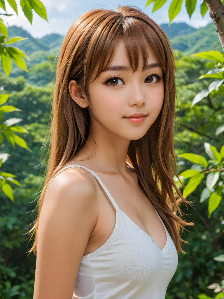 ((ANIME STYLE)) ((portrait)) of (((cute))) (((elegant))) ((attractive)) (((long, straight hazelnut hair))) ((stunning)) a beautifully realistic, cinematic lights, busty tanned Japanese teen girl, bangs cut, realistic detailed angelic round face, ((realistic detailed hazelnut eye)) looks at the camera with a warm smile, portrait shot, perfect curved body, (wears a super short tight (white tank top, deep v-neck) made on thin silk), perfect anatomy, side perspective, ((green natural spring backdrop))