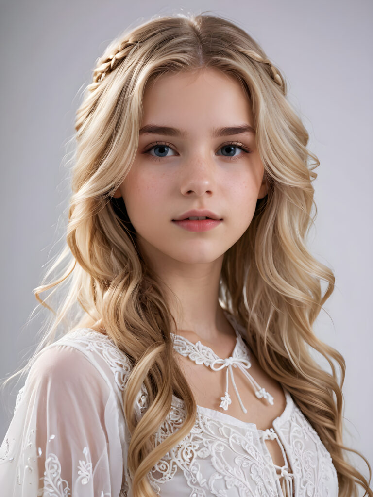 an ethereal (((young detailed teen girl))), with flowing hair and facial features that convey a sense of otherworldliness, dressed in a ((fantastically detailed outfit)), blond hair, perfect body, ((white background))