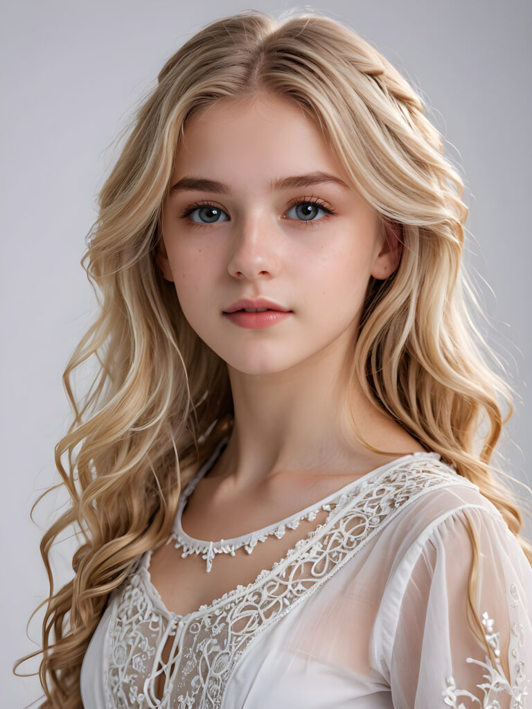 an ethereal (((young detailed teen girl))), with flowing hair and facial features that convey a sense of otherworldliness, dressed in a ((fantastically detailed outfit)), blond hair, perfect body, ((white background))