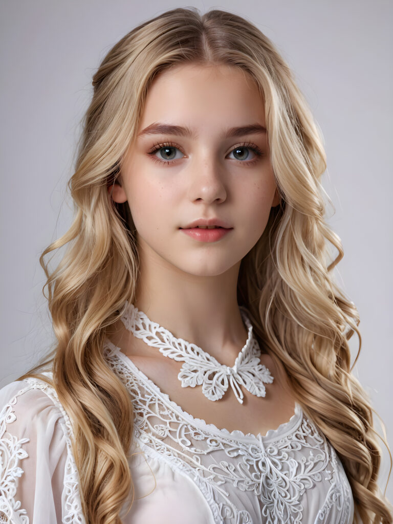 an ethereal (((young detailed teen girl))), with flowing hair and facial features that convey a sense of otherworldliness, dressed in a ((fantastically detailed outfit)), blond hair, perfect body, ((white background))