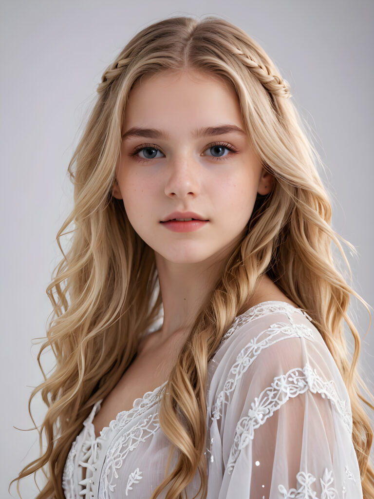 an ethereal (((young detailed teen girl))), with flowing hair and facial features that convey a sense of otherworldliness, dressed in a ((fantastically detailed outfit)), blond hair, perfect body, ((white background))