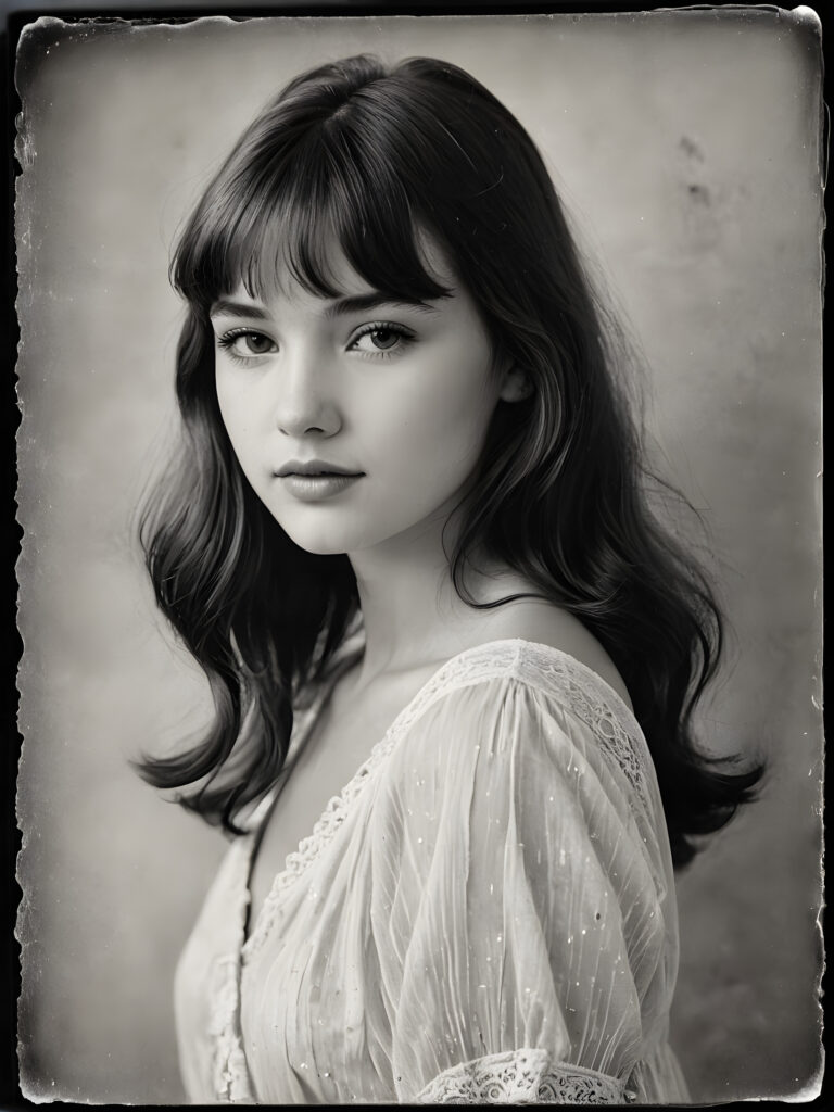 an exquisite (((vintage portrait))) ((black and white)) capturing the timeless essence of a youthful teen girl, with impeccable features and a flawless upper body, aged 16, elegantly posed before the viewer, her bangs cut in side view, framed by a (((gently weathered backdrop))), with delicate water stains softly contrasting against the canvas