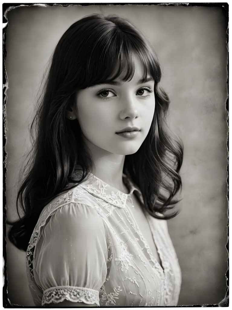 an exquisite (((vintage portrait))) ((black and white)) capturing the timeless essence of a youthful teen girl, with impeccable features and a flawless upper body, aged 16, elegantly posed before the viewer, her bangs cut in side view, framed by a (((gently weathered backdrop))), with delicate water stains softly contrasting against the canvas