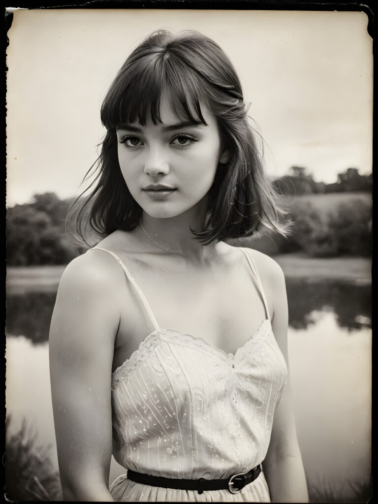 an exquisite (((vintage portrait))) ((black and white)) capturing the timeless essence of a youthful girl, with impeccable features and a flawless upper body, aged 21, elegantly posed before the viewer, her bangs cut in side view, with delicate water stains softly contrasting against the canvas