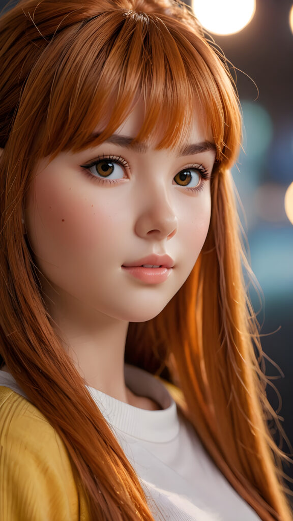 capture an (((ultra detailed, hyper realistic 4K dynamic photograph))), showcasing a (((very cute teen doll girl))) with intricate, (((straight, orange-hued bangs))), detailed eyes, and a joyful expression looking directly into the camera. Her hair flows softly around her face, framing a flawlessly curved silhouette, while (soft, warm) 8K cinematic lighting complements her vivid features. She wears a sleek, cropped top in a crisp, (side profile)