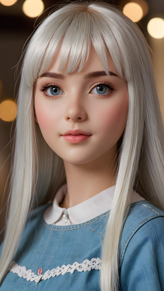 capture an (((ultra detailed, hyper realistic 4K dynamic photograph))), showcasing a (((teen doll girl))) with intricate, (((straight, platinum white bangs))), detailed eyes, and a joyful expression looking directly into the camera. Her hair flows softly around her face, framing a flawlessly curved silhouette, while (soft, warm) 4K cinematic lighting complements her vivid features. She wears a sleek, cropped top