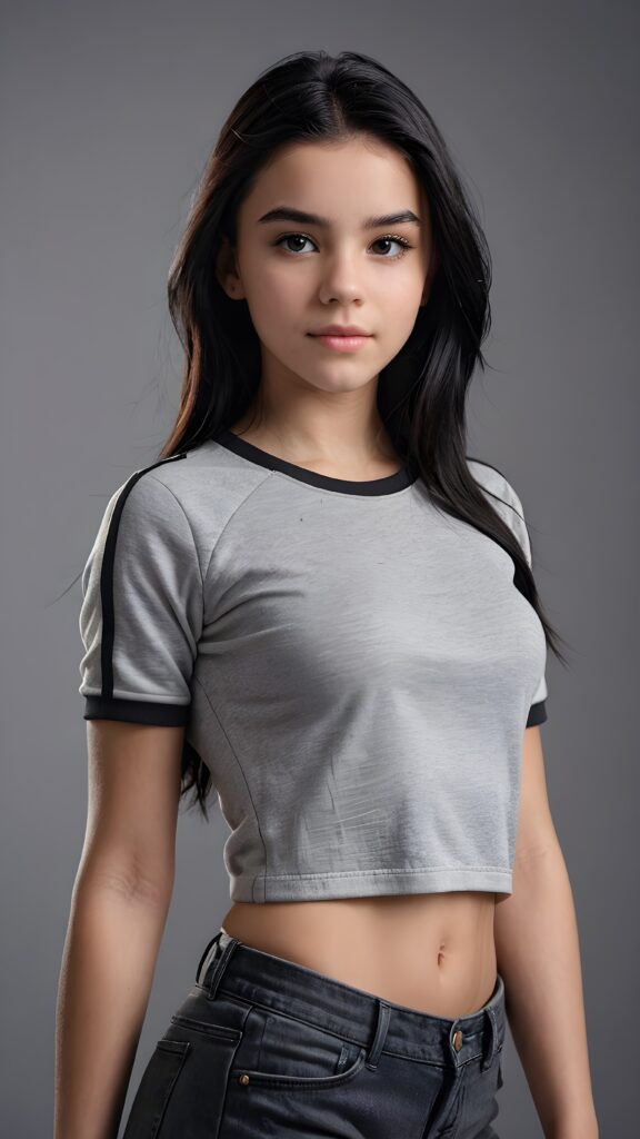 illustrate (((a teen girl))), a style combining semi-realism and fantasy, with luxurious, jet-black hair and a sleek, muscular figure lightly dressed, ((grey empty background))