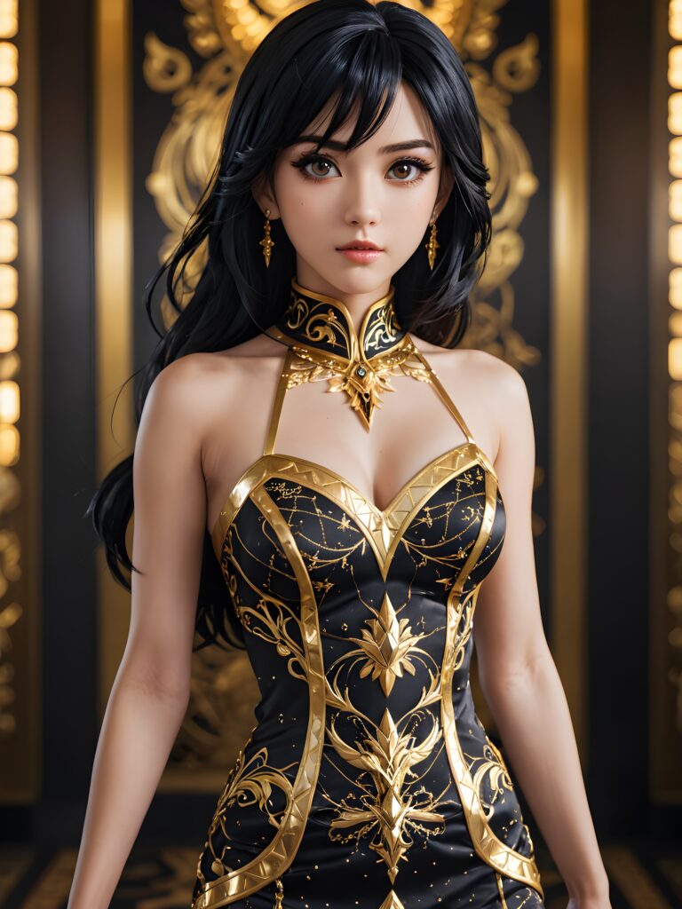 Illustrate the (((anime-inspired Most Beautiful Woman on Earth))), a style combining semi-realism and fantasy, with luxurious, jet-black hair and a sleek, muscular figure dressed in a form-fitting, gold-embellished dress that reflects the intricate patterns of her hypnotic eyes