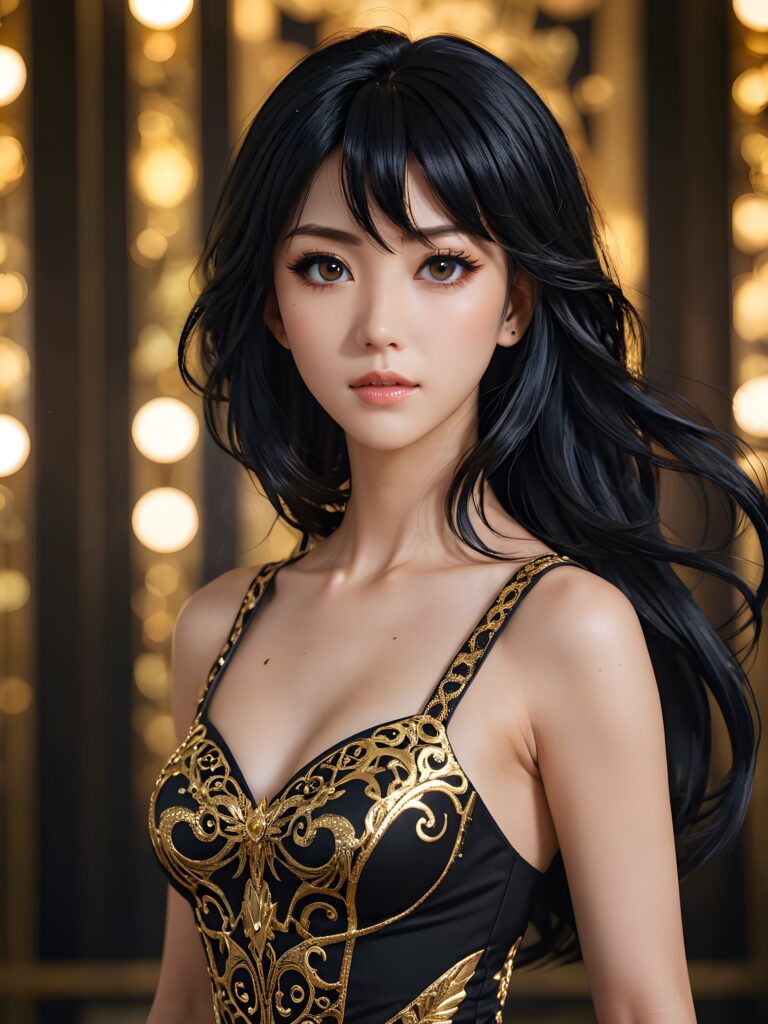 Illustrate the (((anime-inspired Most Beautiful Woman on Earth))), a style combining semi-realism and fantasy, with luxurious, jet-black hair and a sleek, muscular figure dressed in a form-fitting, gold-embellished dress that reflects the intricate patterns of her hypnotic eyes