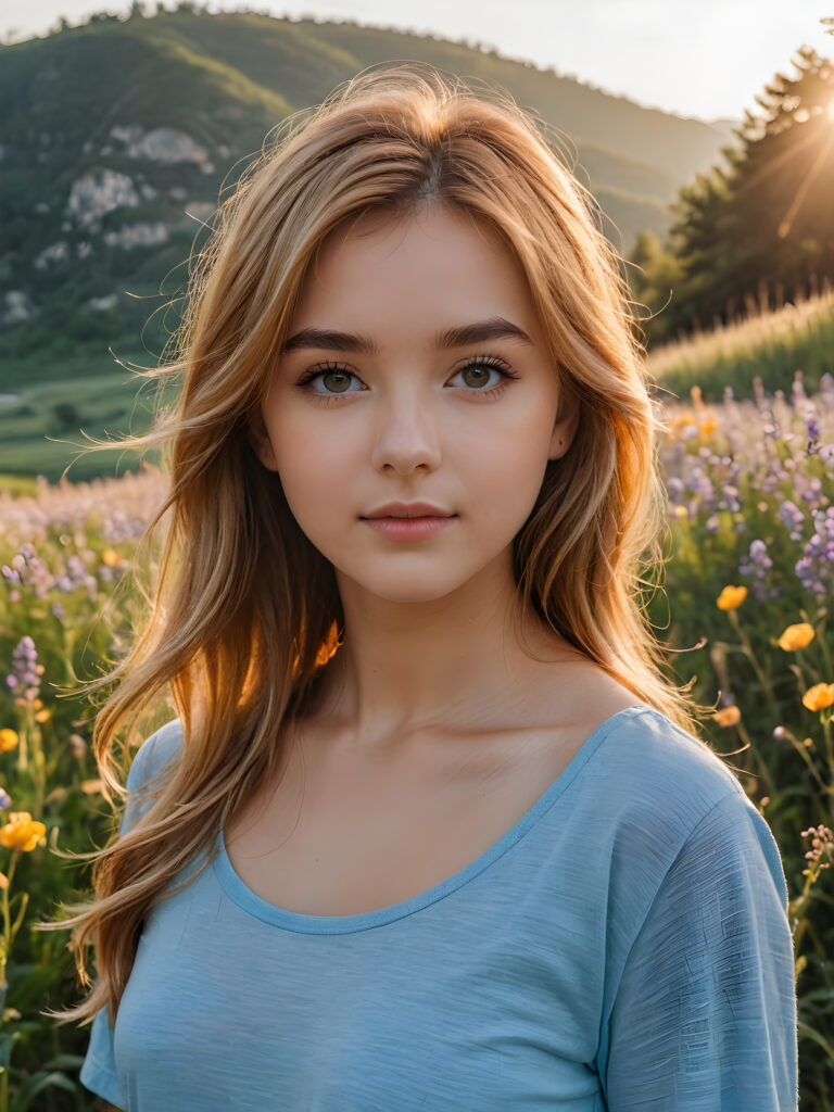 Imagine a breathtaking scene set during the golden hour, where the warm glow of the setting sun kisses the landscape. In the midst of this serene setting stands a stunning copper-blonde young teenage girl, her long soft straight hair with bangs shimmering like spun gold under the soft, amber light. She is dressed in a short cropped light blue thin t-shirt, with a perfect curved body. Her eyes, a captivating shade of blue, reflect the sky's own hues, radiating kindness and depth. Around her, the natural beauty of a blooming meadow complements her presence, with wildflowers adding splashes of color to the scene. She exudes an aura of elegance and tranquility, perfectly in harmony with the enchanting surroundings. This image captures the essence of timeless beauty, blending the allure of a breathtaking girl with the natural splendor of the golden hour