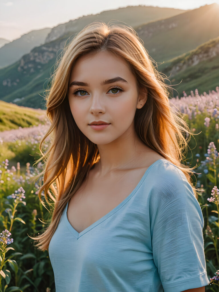 Imagine a breathtaking scene set during the golden hour, where the warm glow of the setting sun kisses the landscape. In the midst of this serene setting stands a stunning copper-blonde young teenage girl, her long soft straight hair with bangs shimmering like spun gold under the soft, amber light. She is dressed in a short cropped light blue thin t-shirt, with a perfect curved body. Her eyes, a captivating shade of blue, reflect the sky's own hues, radiating kindness and depth. Around her, the natural beauty of a blooming meadow complements her presence, with wildflowers adding splashes of color to the scene. She exudes an aura of elegance and tranquility, perfectly in harmony with the enchanting surroundings. This image captures the essence of timeless beauty, blending the allure of a breathtaking girl with the natural splendor of the golden hour