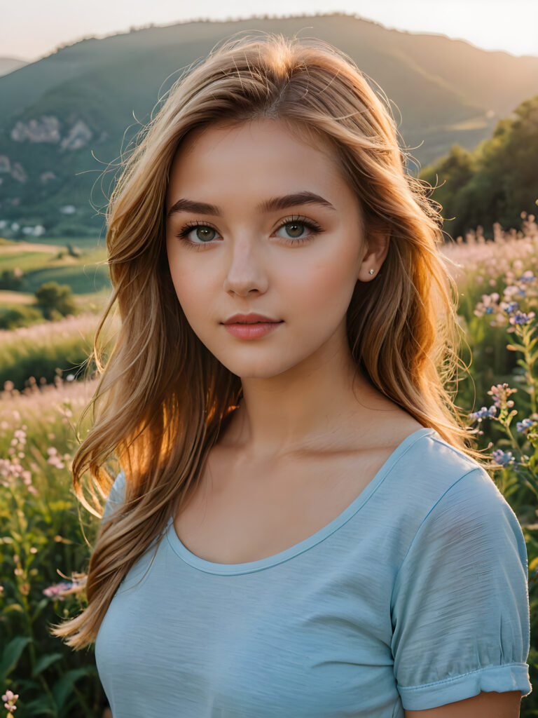 Imagine a breathtaking scene set during the golden hour, where the warm glow of the setting sun kisses the landscape. In the midst of this serene setting stands a stunning copper-blonde young teenage girl, her long soft straight hair with bangs shimmering like spun gold under the soft, amber light. She is dressed in a short cropped light blue thin t-shirt, with a perfect curved body. Her eyes, a captivating shade of blue, reflect the sky's own hues, radiating kindness and depth. Around her, the natural beauty of a blooming meadow complements her presence, with wildflowers adding splashes of color to the scene. She exudes an aura of elegance and tranquility, perfectly in harmony with the enchanting surroundings. This image captures the essence of timeless beauty, blending the allure of a breathtaking girl with the natural splendor of the golden hour