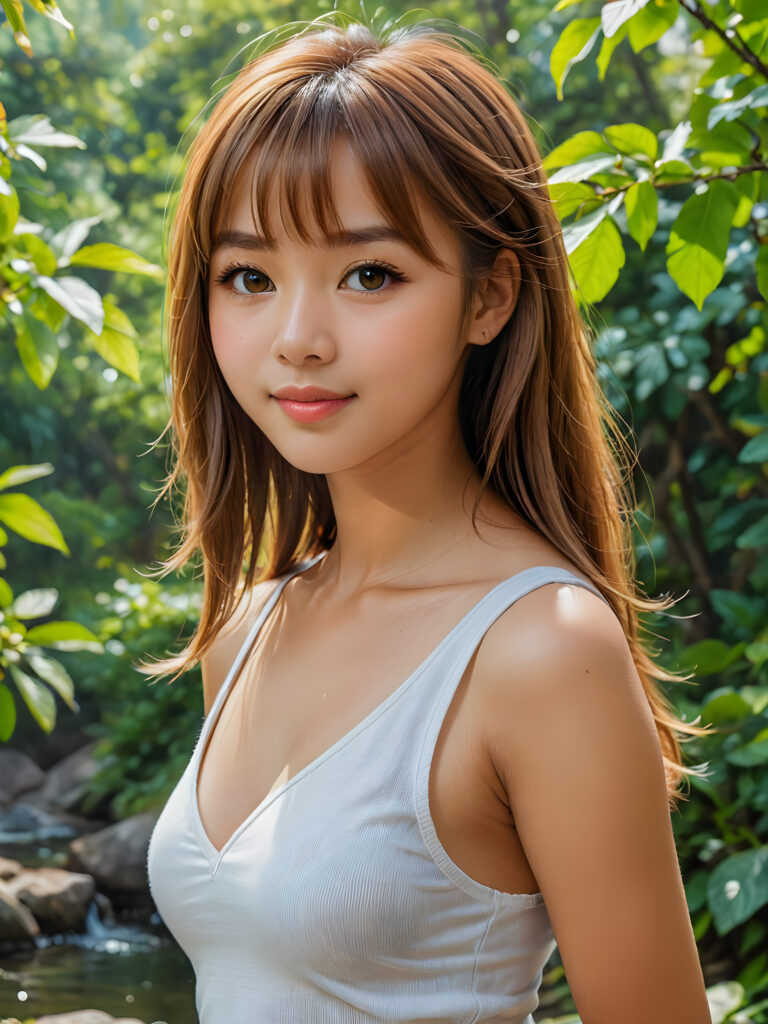 ((OIL PAINTING)) ((portrait)) of (((cute))) (((elegant))) ((attractive)) (((long, straight hazelnut hair))) ((stunning)) a beautifully realistic, cinematic lights, busty tanned Japanese teen girl, bangs cut, realistic detailed angelic round face, ((realistic detailed hazelnut eye)) looks at the camera with a warm smile, portrait shot, perfect curved body, (wears a super short tight (white tank top, deep v-neck) made on thin silk), perfect anatomy, side perspective, ((green natural spring backdrop))