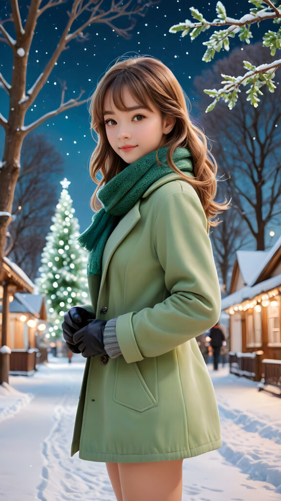 The girl's face and body both say that it's cold, and the background scenery says it, too. The scene features a cute girl with brown straight soft hair, bangs cut. She stands in front of the viewer, her back turned towards them, her body language indicating warmth and intimacy. Her attire is casual, comfortable, and warm, consisting of a fluffy green jacket, a beige scarf, and gloves. The background showcases a charming, detailed scene with a large, glowing tree under a starry sky. The tree is adorned with shiny, translucent ornaments that give off a subtle bluish glow, emphasizing its majestic presence. Around it, a whimsical scene unfolds with a black, three-dimensional snowflake swirling around the girl, adding a magical touch to the serene winter landscape.